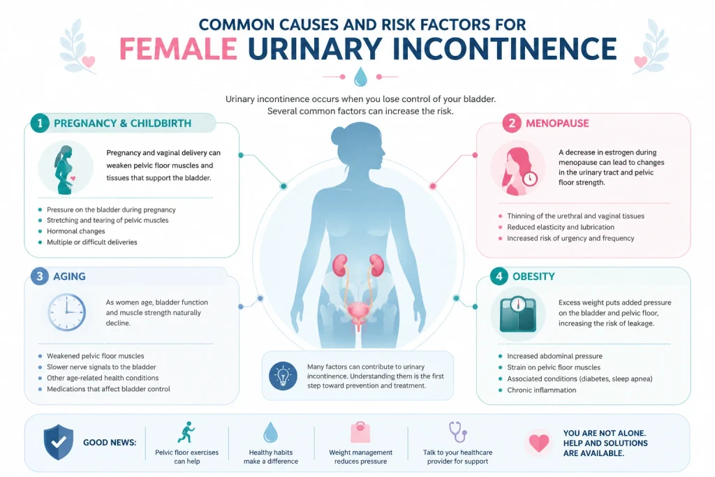 comprehensive infographic of Common Causes and Risk Factors for Female Incontinence
